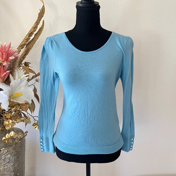 Talbots Pure Merino Wool Sky Blue Pearl Accent Sweater size Petite Medium NWOT - Picture 1 of 9